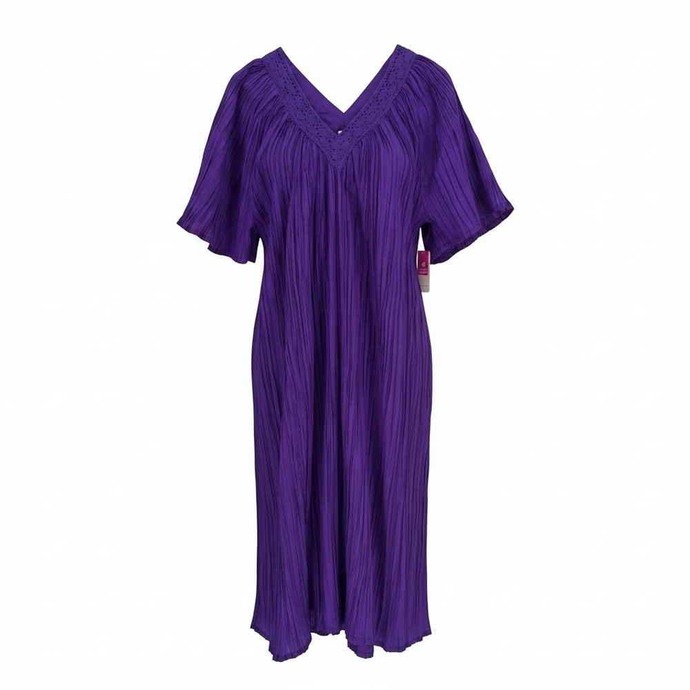 Bobbie Brooks Nightgown Kaftan MuuMuu Women One Size Purple Pleated Crochet Trim
